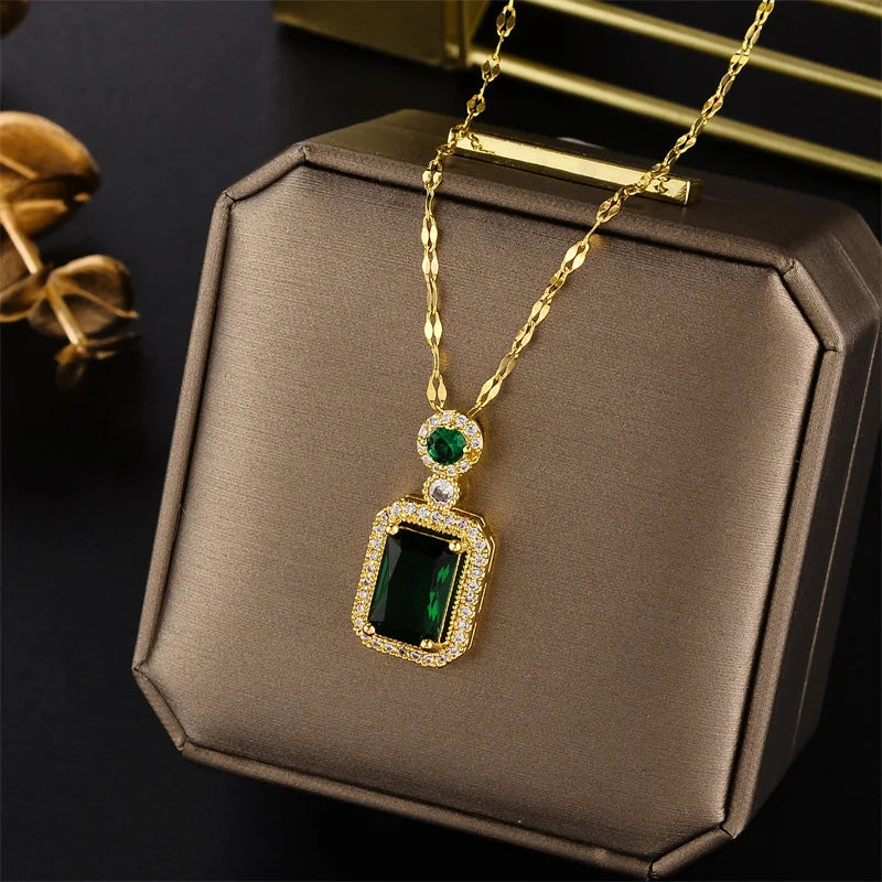 Stainless Steel Square Zircon Pendant Necklace for Women