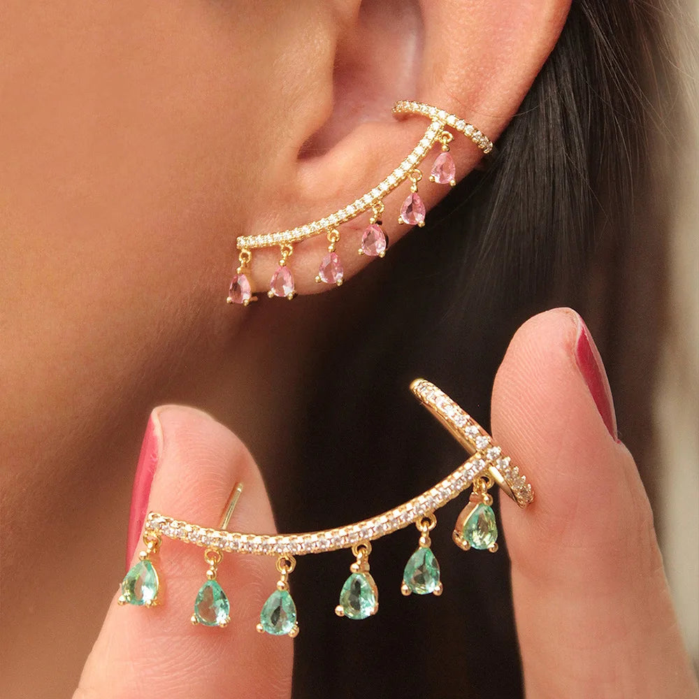 Elegant Crystal Zircon Tassel Clip-On Earrings for Women with Rhinestone Studs