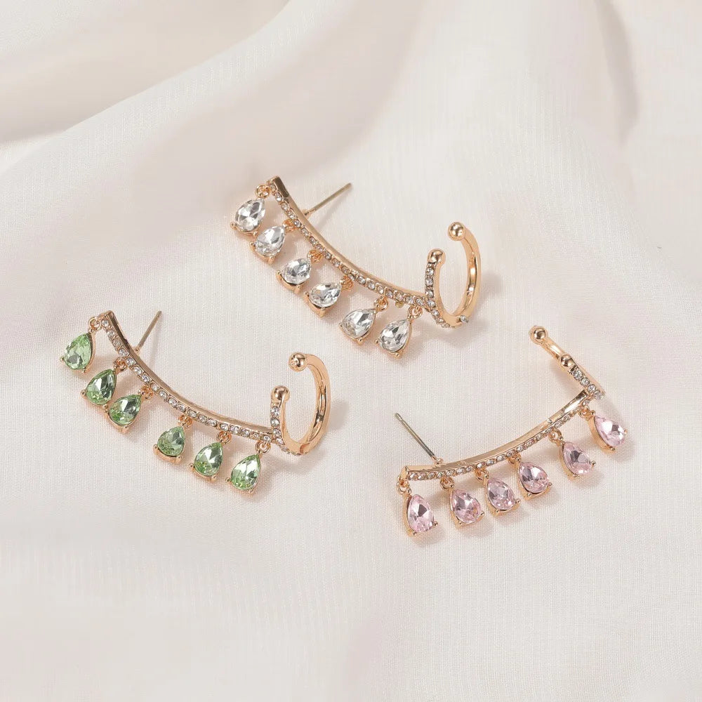 Elegant Crystal Zircon Tassel Clip-On Earrings for Women with Rhinestone Studs