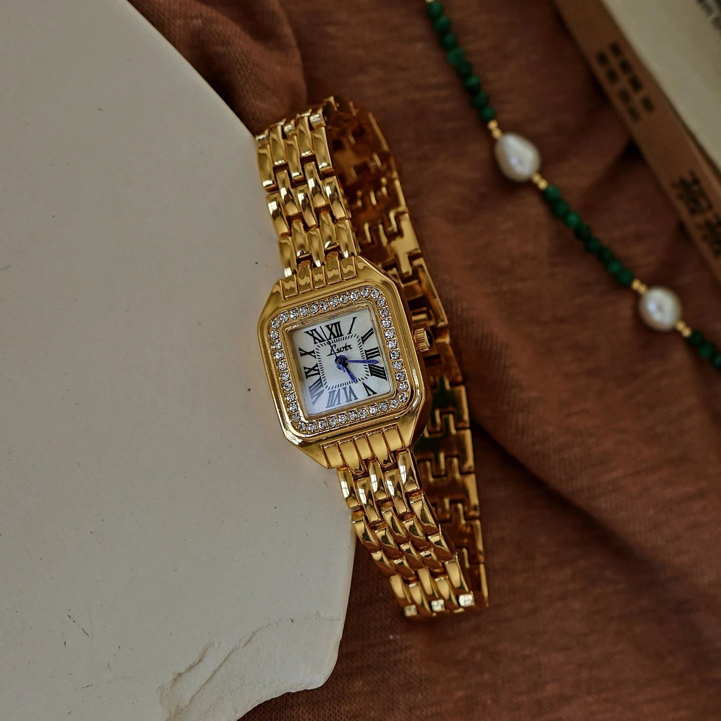 Gold-Tone Rhinestone Square Dial Women's Waterproof Watch