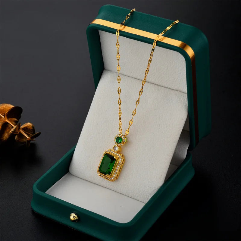 Stainless Steel Square Zircon Pendant Necklace for Women