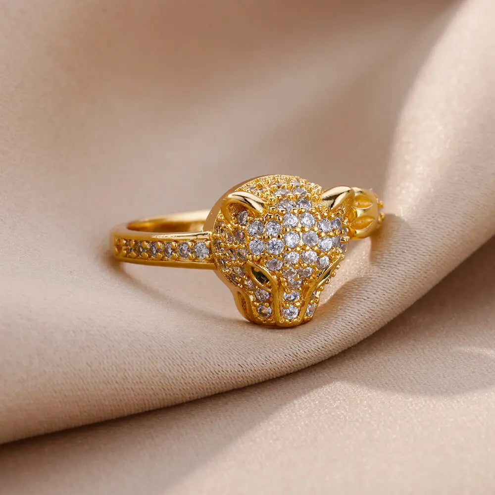 Zircon Leopard Head Open Ring for Women & Men