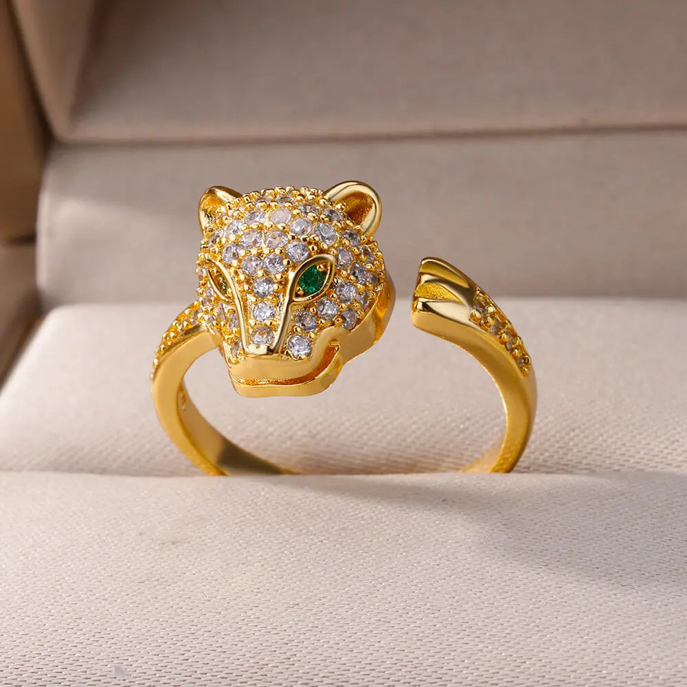 Zircon Leopard Head Open Ring for Women & Men