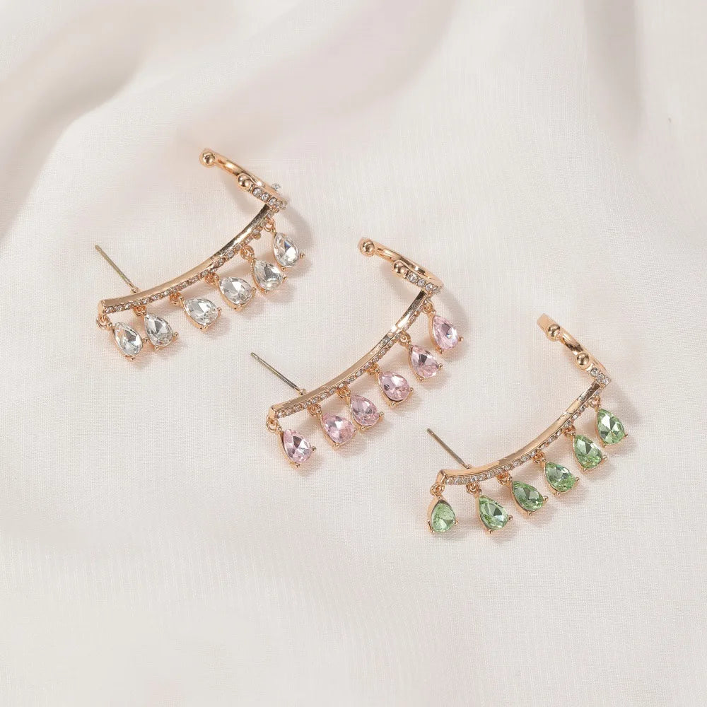 Elegant Crystal Zircon Tassel Clip-On Earrings for Women with Rhinestone Studs