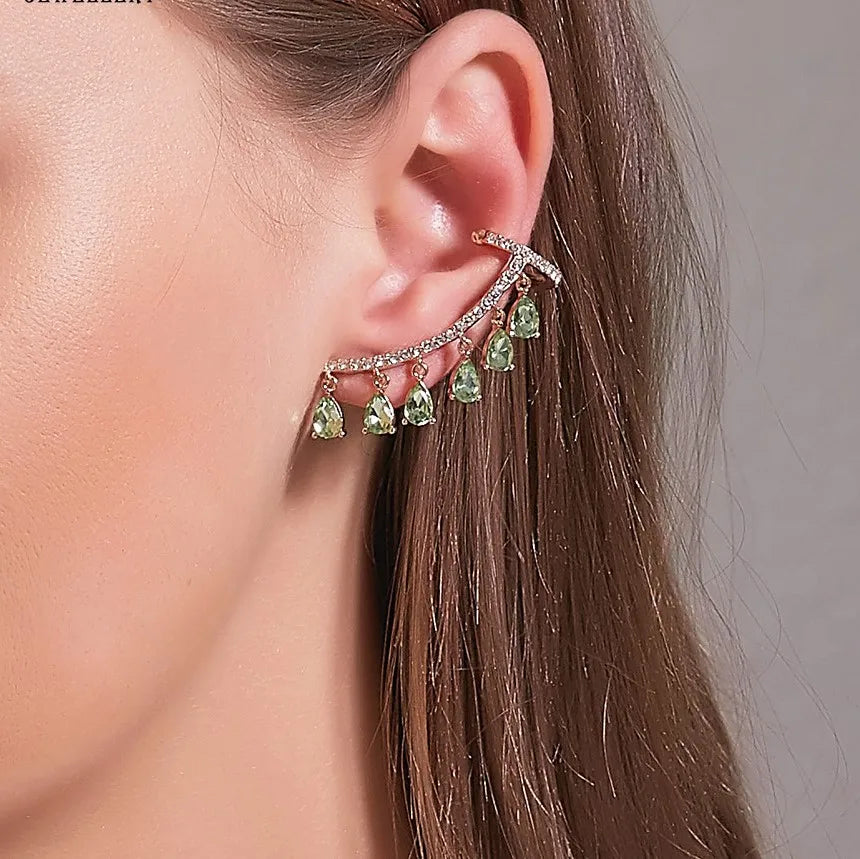 Elegant Crystal Zircon Tassel Clip-On Earrings for Women with Rhinestone Studs